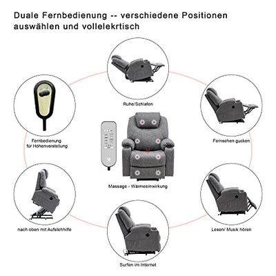 M MCombo elektrisch Aufstehhilfe Fernsehsessel Relaxsessel 7040 Massage Heizung elektrisch verstellbar USB-Anschluss (Grau-Stoff)