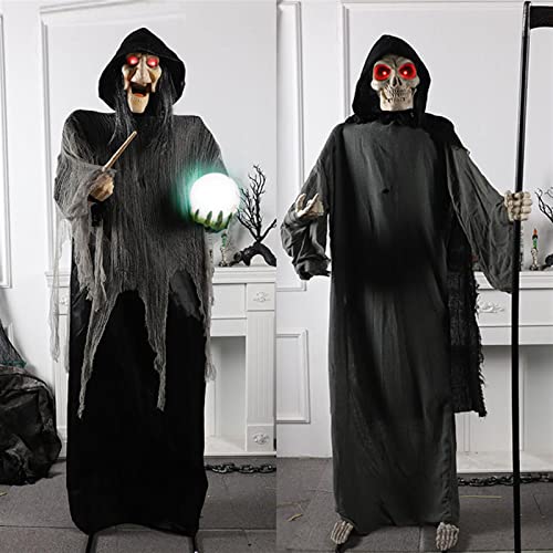 INSISTON Halloween Deko Garten 1.8m Animierte stehende Hexe mit Langen Haaren, Animierter Grim Reaper, Augen Glänzend Sound Gesteuerte, für die gruseligste Dekoration zu Halloween