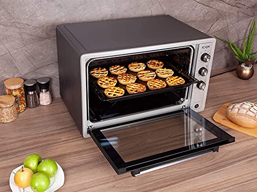 ICQN 60 Liter XXL Minibackofen, 1800 W, Umluft, Pizza-Ofen, Doppelverglasung, Drehspieß, Timer, inkl. Backblech Set, Elektrischer Mini Ofen, 40°-230°C, Emailliert, Inox Grau