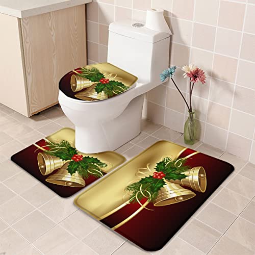 Weihnachten 3-teiliges Badezimmerteppich-Set, goldene Glocken und Bänder, strapazierfähiges, weiches Badematten-Set mit Konturteppich, Toilettendeckelabdeckung for Dusche/Badewanne, 18"x30"+14"x18"+15