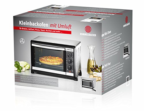 ROMMELSBACHER Kleinbackofen BG 1055/E - 18 Liter Backraum, 7 Heizarten inkl. Umluft, Temperaturen von 80 - 230 °C, Doppelverglasung, Innenbeleuchtung, Zeitschaltuhr, 1050 W, Edelstahl