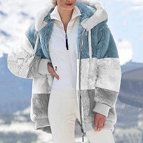 EMATOP Damen Kapuzenjacke Teddy Fleece Plüschjacke Farbblock Winterjacke Warm Mantel Casuale Zip Hoodie Cardigan Outwear Plüsch Verdickt Jacke Elegant Softshelljacke Große Größe Fleecejacke