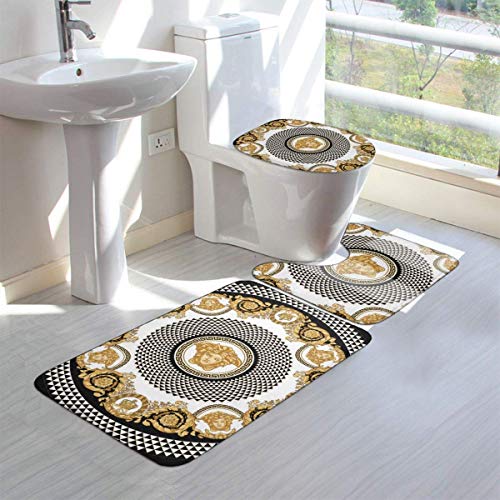 RedBeans Rutschfeste Badematte, 3-teiliges Flanell-Badezimmerteppich-Set, goldenes Barock-Mandala im Vintage-Stil, weicher Sockel, rutschfeste Duschmatte und WC-Abdeckung, Teppich-Set