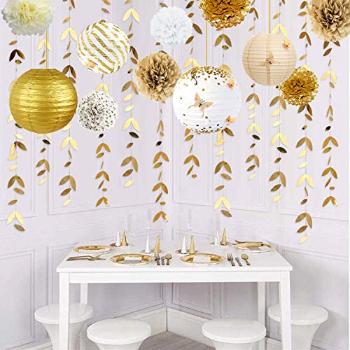 Weißgold Partydekoration, Laternen für Blumen Pom Pom Pom mit Aufklebern Schmetterling 3D Girlande Blätter für Hochzeit Verlobung Dusche Junggesellinnenabschied Party Dekoration