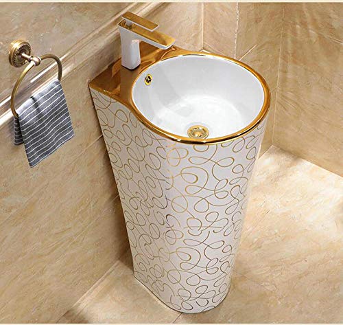 YYZD® Keramik Waschbecken Mosaik Gold stilvolle runde Sockel Waschbecken Keramik Waschbecken mit Ständer Sockel Waschbecken mit Überlauf