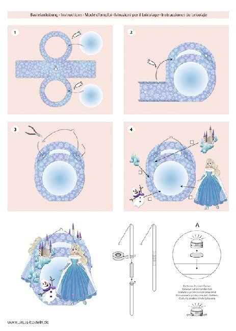 Ursus 18760001F - Laternen Bastelset Eisprinzessin, Laternen Stanzteil, Bastelkarton 220 g/m², Transparentpapier 115 g/m², 2 Stanzbögen, Laternentragebügel, Laternen Holzstab, Zubehör