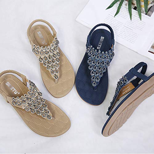 Flach Bohemian Zehentrenner Damen Sommer Sandalen mit Weiche Fußbett Strand Flip Flops Elegant Leder Sandaletten Frauen Outdoor Freizeit Beach Schuhe Schwarz 37 EU = Herstellergröße 38