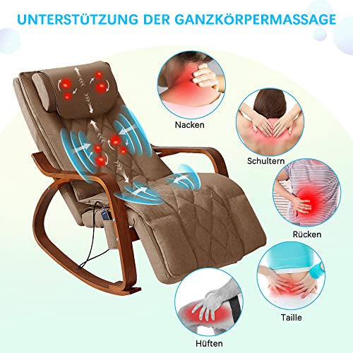 Asukale Massagesessel mit Wärmefunktion, Elektrisch Massagestuhl Ganzkörpermassage, Schaukelstuhl mit 5-Fach Verstellbarer Fußstütze, Relaxsessel Belastbar bis 150 kg (Braun)