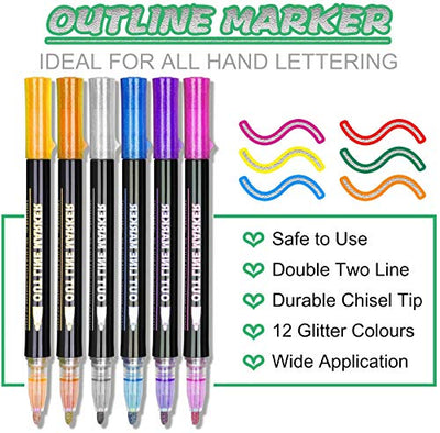 ECtury Glitzerstifte Magische Stifte - Geschenke für Mädchen, 12 Outline Stifte Glossy Pen Metallic Zauberstifte für Malen, Scrapbooking, Basteln Mädchen, Einschulung Mädchen Geschenke 4-12 jahre