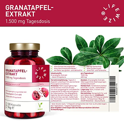 LifeWize® Granatapfel Extrakt Kapseln - 40% Ellagsäure (20:1 Extrakt) - 1500 mg Hochdosiert pro Tagesdosis - 120 Kapseln - Vegan & ohne unerwünschte Zusätze