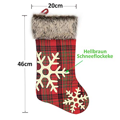 KOHMUI Weihnachtsstrumpf, 4er Rot Groß Plaid Weihnachtsstrumpf Weihnachtsschmuck zum Befüllen und Aufhängen, 46cm Hellbraun Schneeflocke Strümpf für Weihnachten Deko