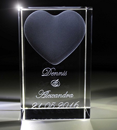 VIP-LASER Kristall Glas 3D Herz mit Wunschtext inkl. LED Leuchtsockel Silber & Gravur | Personalisiertes Geschenk graviert für Frauen und Männer | Geschenkidee zu Weihnachten Valentinstag Jahrestag