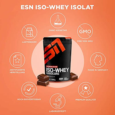 ESN IsoWhey Hardcore, 2 x 1000 g Chocolate Standbeutel + Gratis ESN Shaker