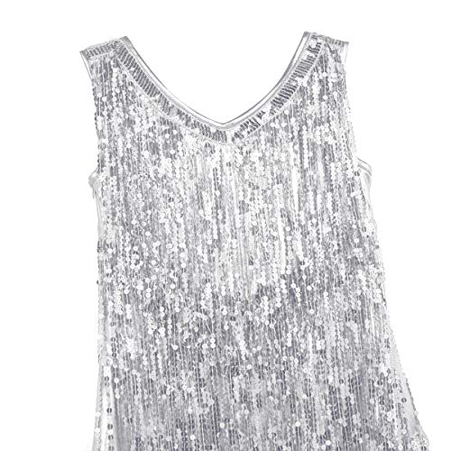 Agoky Damen Ärmellos Pailletten Kleid V-Ausschnitt Glitzer Quasten Partykleid Flapper Kostüm Tanzkleid Samba Tango Latein Outfits Silber M