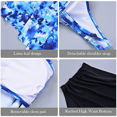 Adisputent Womens High Waisted Bathing Suits Flounce Swimwear Racerback Tankini Tummy Control Bikini Two Piece Modest Swimsuits Blue Tie Dye M