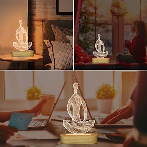 Yoga Lampe LED 3D Kunst Nachtlicht für Mädchen Frauen Meditation Liebhaber Geburtstagsgeschenke, USB Power Warme Farbe Holz Basis Tischlampen