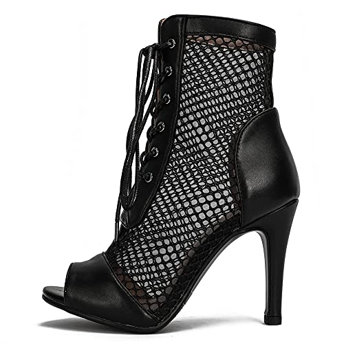 Ducarulan Damen Mode Sommer Mesh Booties Peep Toe High Top Sandalen Stiletto Lace up Gladiator Sandalen Party Schuhe Heels Black Gr 34