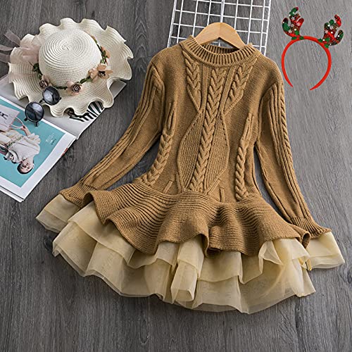 Strickkleid Mädchen Weihnachten Weihnachts Kleid Langarm, Weihnachtskleid Baby Mädchen Prinzessin Kleid Festliches Kleid Hirsch Schneeflocke Kleid Winter Warm Strick Pullover Kleider mit Haarband