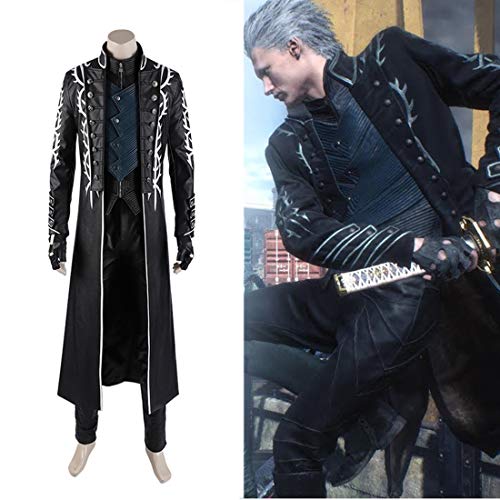 Rubyonly DMC 5 Game Vergil Cosplay Vest Herren Jacken Halloween-Kostüm für Kinder Erwachsene Anime Kunstleder-Mantel Ganze ohne Stiefel,XL