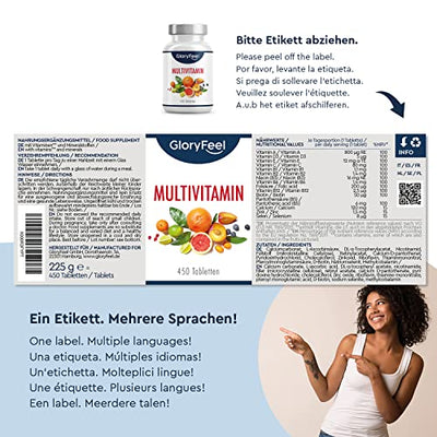 Multivitamin Hochdosiert - 450 Tabletten (15 Monate) - Alle Wertvollen A-Z Vitamine und Mineralstoffe - Unterstützt das Immunsystem** - Laborgeprüft ohne Zusätze in Deutschland hergestellt