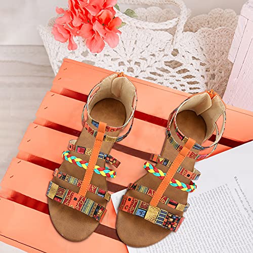 Camfosy Damen Flach Römische Sandalen,Frauen Böhmen Mehrfarbig Webmuster Sommerschuhe Freizeit Urlaub rutschfest Gemütlich Reißverschluss Riemchensandalen - Blau Orange Rot