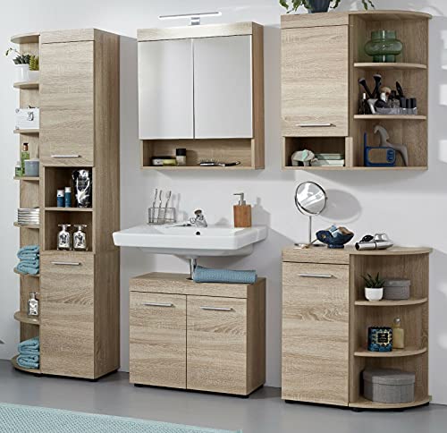 ADHW Bad Möbelset Badezimmer komplett Set mit Regalen Eiche 8-teilig Runner (Color : LED Spiegellampe mit Multibox)