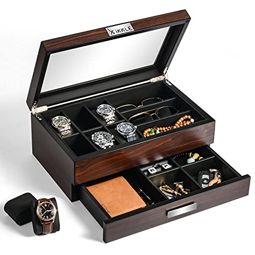 Uhrenbox aus Holz für Männer, Aufbewahrungsbox für Uhren, Doppelschichtige Box mit Glasdeckel für Sonnenbrillen, Schmuck, Halsketten, Ringe, Krawatten,