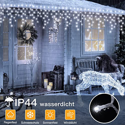 Weihnachtsbeleuchtung Außen - Ollny 15M 594 LED Eisregen Lichterkette Außen mit Fernbedienung Wasserdicht 8 Leuchtmodi Lichterkette Außen weiß für Balkon Fenster Haus Pavillon Terrasse Weihnachtsdeko