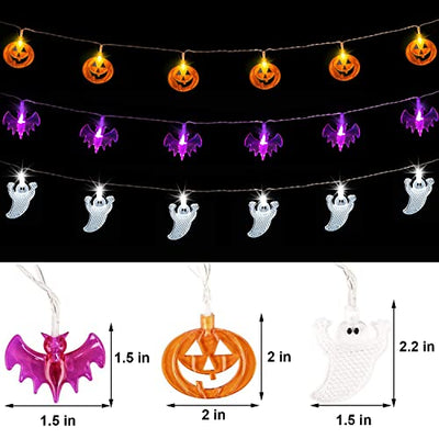 Halloween LED Lichterkette,3 Stück 3M 20 LED Lichterkette außen,2 Modi Lichterkette Halloween Deko Kürbis, Geister, Fledermaus Anhänger Lichter mit Batteriebetrieben für Halloween Deko Party Garten