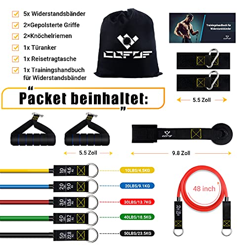 Resistance Bands Widerstandsbänder Set, 5 Fitnessbänder Expander Tube Bands, Fitnessband mit Großem Griff Knöchelriemen Türankerbefestigung Tragtasche, Ideal für Pilates Krafttraining Physiotherapie