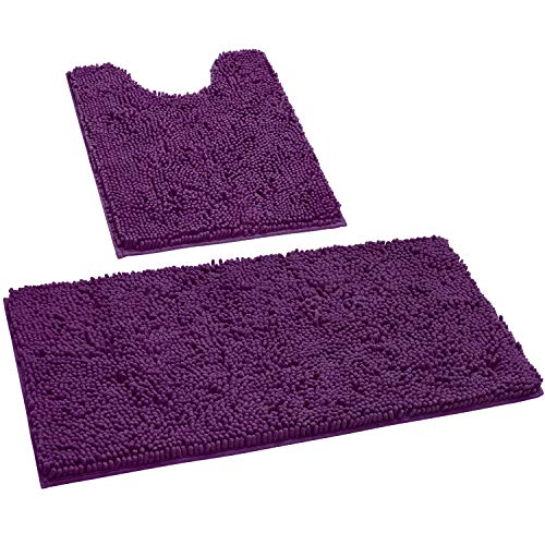 HOMEIDEAS Badezimmerteppich-Set, 2 Stück, tiefviolett, ultraweich, rutschfest, saugfähig, Chenille-Badematte, Plüsch-Badezimmerteppich, Matten für Badezimmer, Badewanne, Dusche