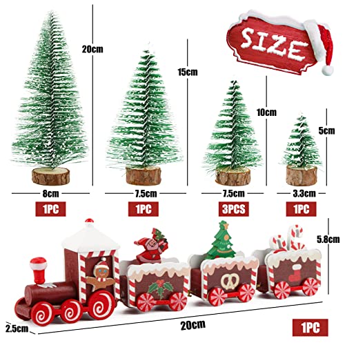 7 Stück Tischdeko Weihnachten Weihnachtszug Deko Holz-Eisenbahn Künstlicher Klein Weihnachtsbaum 5/10/15/20cm Miniatur Grün Mini Tannenbaum Weihnachtsdeko Tisch Geschenke für Weihnachten Neujahr