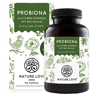 NATURE LOVE® Probiona Komplex - 20 Bakterienstämme + Bio Inulin - 180 magensaftresistente Kapseln - 2X hochdosiert: 20 Mrd KBE je Tagesdosis - Vegan, in Deutschland produziert