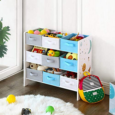 SONGMICS Kinderzimmerregal, Spielzeug-Organizer, Bücherregal für Kinder, mit 9 Aufbewahrungsboxen aus Vliesstoffe, Kinderzimmer, Schule, Kindergarten, 62,5 x 29,5 x 60 cm, Weltall-Motive, weiß GKR33WT