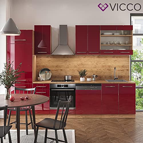 Vicco Küchenzeile Küchenblock Einbauküche Fame-Line 300 cm modern Schubunterschrank Herdumbauschrank Spülenunterschrank Hängeschrank Kühlumbauschrank (Eiche-Bordeaux-Rot Hochglanz)