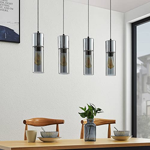 Lindby Esstisch Pendelleuchte, Hängeleuchte Glas Metall, Hängelampe Rauchgrau 4x E27 max. 25W, ohne Leuchtmittel, Wohnzimmer, Glasleuchte