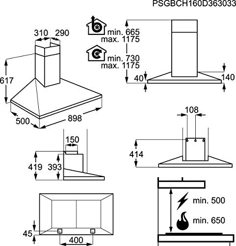 AEG DKB5960HM Dunstabzugshaube / leise Kaminhaube 90 cm / Abzugshaube mit Lüften-Funktion und 3 Leisstungsstufen / energieeffizienter Dunstabzug aus Edelstahl / Klasse A (857,5Wh/Jahr) / silber