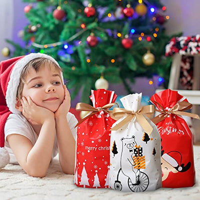 50 Stück Weihnachten Süßigkeiten Tüten, Weihnachten Geschenktüte, Weihnachten Geschenkbeutel mit Kordelzug, Geschenkverpackung Tasche Süssigkeiten Kekstüten, Wiederverwendbare Partytüten für Kinder