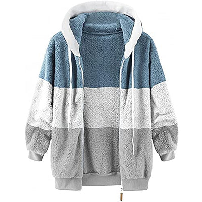 EMATOP Damen Kapuzenjacke Teddy Fleece Plüschjacke Farbblock Winterjacke Warm Mantel Casuale Zip Hoodie Cardigan Outwear Plüsch Verdickt Jacke Elegant Softshelljacke Große Größe Fleecejacke