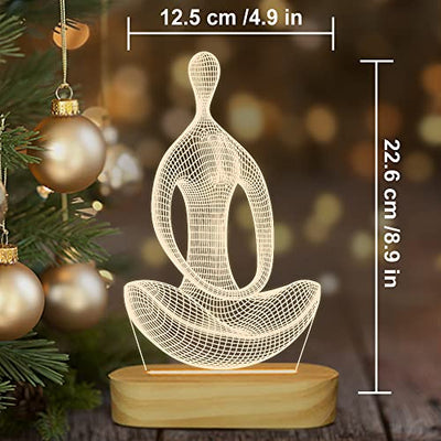 Yoga Lampe LED 3D Kunst Nachtlicht für Mädchen Frauen Meditation Liebhaber Geburtstagsgeschenke, USB Power Warme Farbe Holz Basis Tischlampen