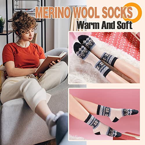 ANTSANG Damen Merino Socken Wolle Wandersocken Warme Wollsocken Atmungsaktiv Thermosocken Geschenke für Frauen Weihnachten Dicke Wintersocken Weihnachtsgeschenke 5 Paar (Schneeflocke A(hellgrau))