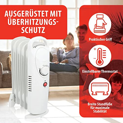 JUNG Heizung Elektrisch mit Thermostat, Ölradiator 500 Watt Energiesparend, mobile Elektroheizung für Räume bis 15qm, Elektrische Heizgerät Mobil mit 5 Lamellen, weiß