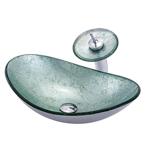 HomeLava Modern Waschbecken Glas Oval Set Hartglas Aufsatzwaschbecken mit Wasserfall Wasserhahn und Chrom Pop Up Ventil