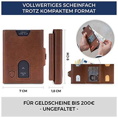 VON HEESEN® Slim Wallet mit XL Münzfach und RFID-Schutz I Leder Geldbeutel I Mini Geldbörse für Herren und Damen I Kartenetui Echtleder Karten Portemonnaie klein I Kreditkartenetui Cognac-Braun