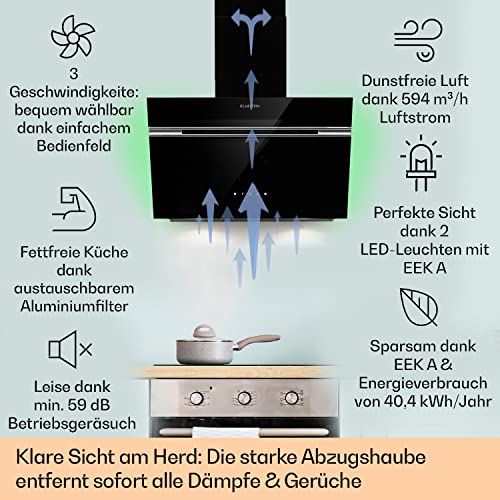 Klarstein Dunstabzugshaube, Abzugshaube für Küchen, Dunstabzugshaube mit Filter, Dunstabzug mit 594 m³/h Luftstrom, Wandhaube mit LED Beleuchtung, Energieklasse A, Dunstabzugshaube 60cm Umluft