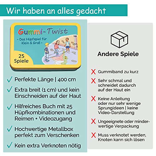 GLÜCKSWOLKE Gummitwist + Anleitung (Buch) mit 25 Spiele I Hüpfgummi für Kinder Sport I Hüpfspiele - Gummi Twist I Outdoor Gartenspiele I Spielzeug für draußen I Geschenke für Junge & Mädchen – NEU