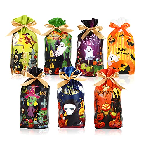 LIHAO 56 Stück Halloween Süßigkeiten Tüten Geschenkbeutel mit Kordelzug Partytüten Kunststoff Geschenktüten Candy Tüten für Halloween Mitgebsel Partyzubehör