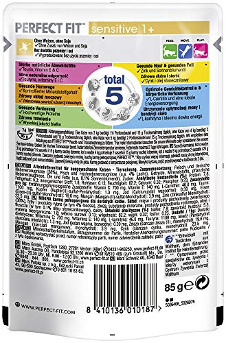 Perfect Fit Sensitive 1+ – Nassfutter für erwachsene, sensible Katzen ab 1 Jahr – Lachs in Sauce – Ohne Weizen & Soja – Unterstützt die Verdauung – 12 x 85 g