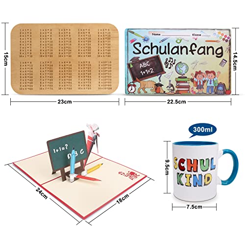 MIAMIO - Einschulung Geschenk Jungen und Mädchen/Geschenkset zur Einschulung inkl. Tasse „Schulkind“ + 1 x 1 Frühstücksbrett + Pop up Grußkarte + Stundenplan (Blau)