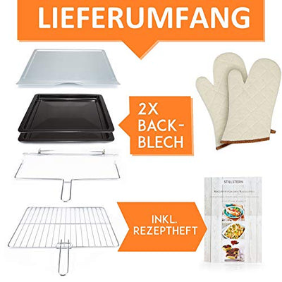 Stillstern Minibackofen mit Umluft (60L) Deutsche Version, 2x Backblech, Ofenhandschuhe, Rezeptheft, Drehspieß, Timer, Innenbeleuchtung, 2200W, Toaster Grill Pizzaofen Mini Backofen ideal für Camping